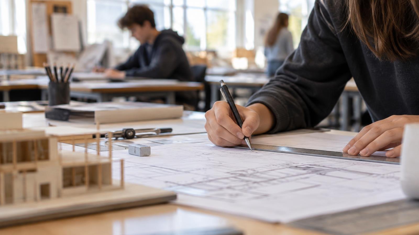 Drafting tables with blueprints and engineering tools in a sunlit classroom.