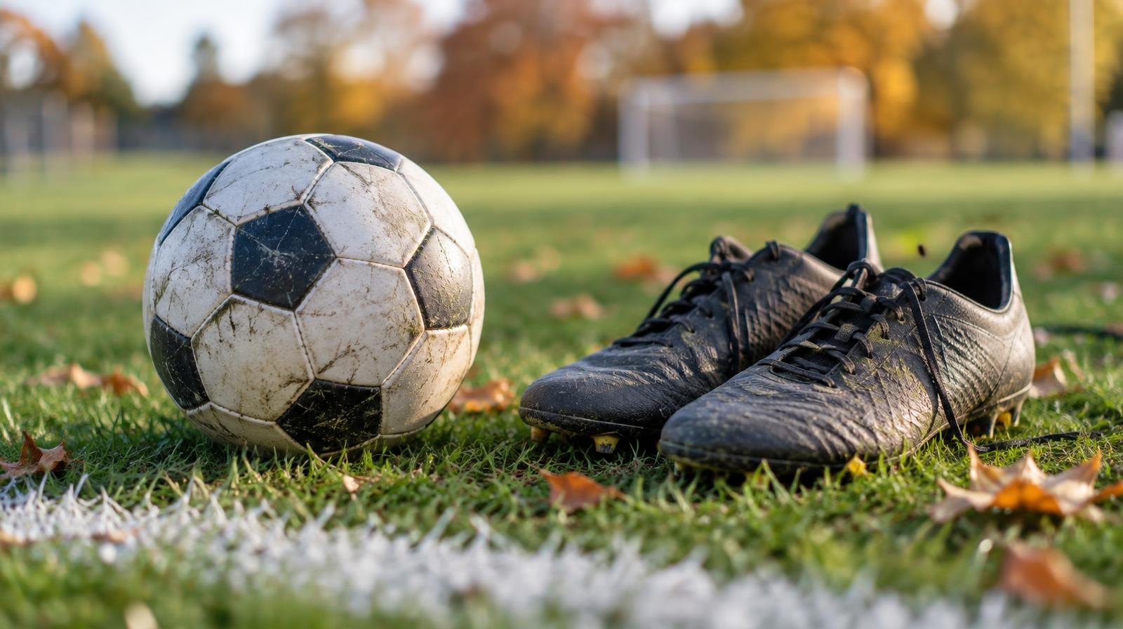A soccer ball and cleats resting on a green grass field.