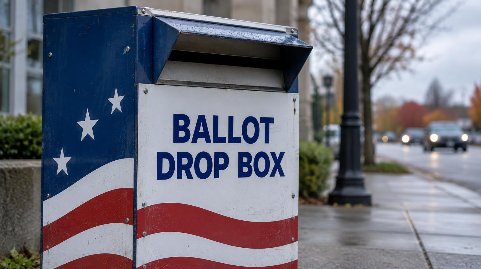 A red, white, and blue metal ballot drop box with a slot at the top on a sidewalk.