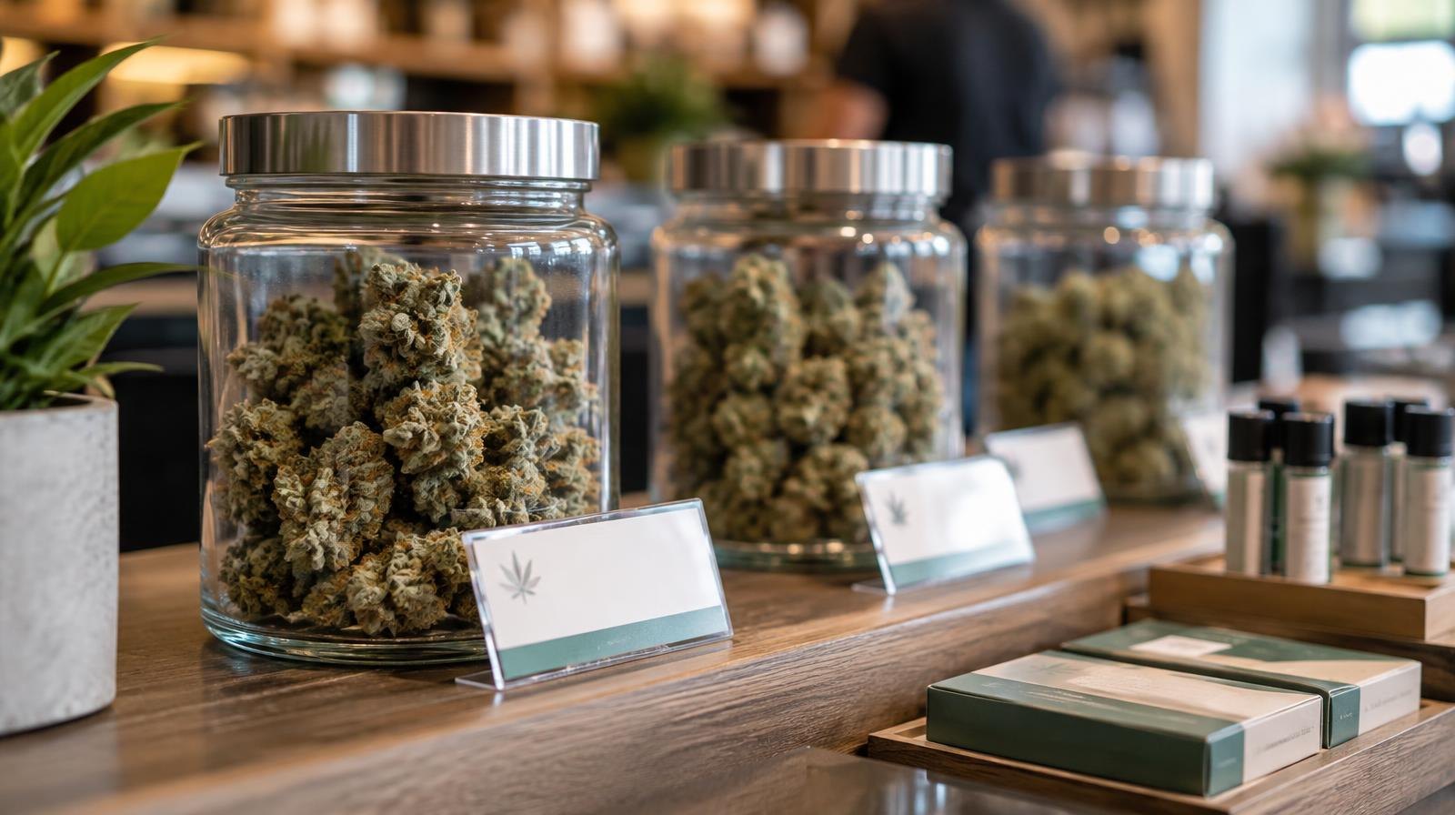 Glass jars of cannabis flower on a retail counter with small product packages.