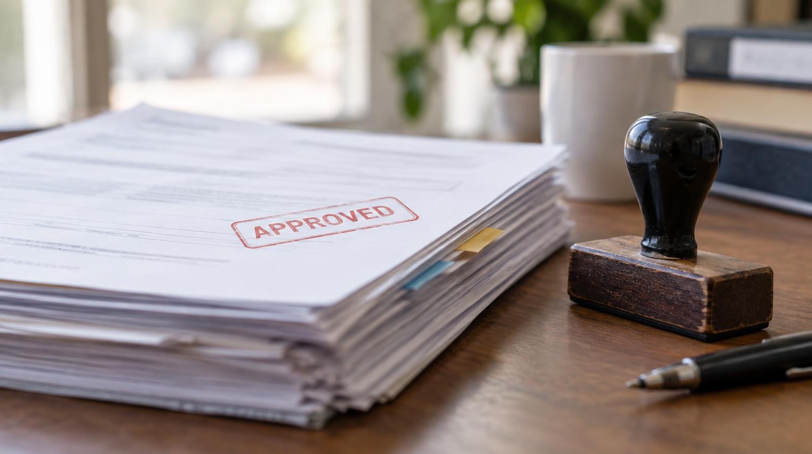 Stack of official documents and a rubber stamp on a wooden desk.