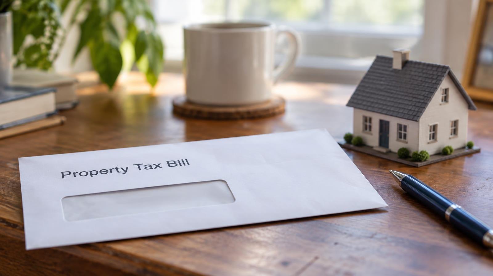 Small house model beside a tax envelope and pen on a wooden desk.
