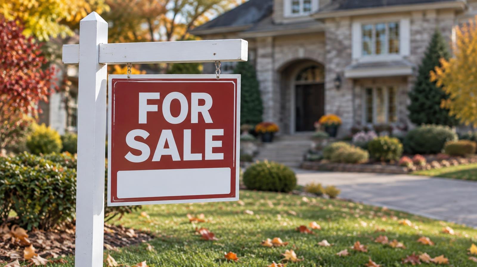 A real estate for-sale sign in a manicured lawn outside a large home.