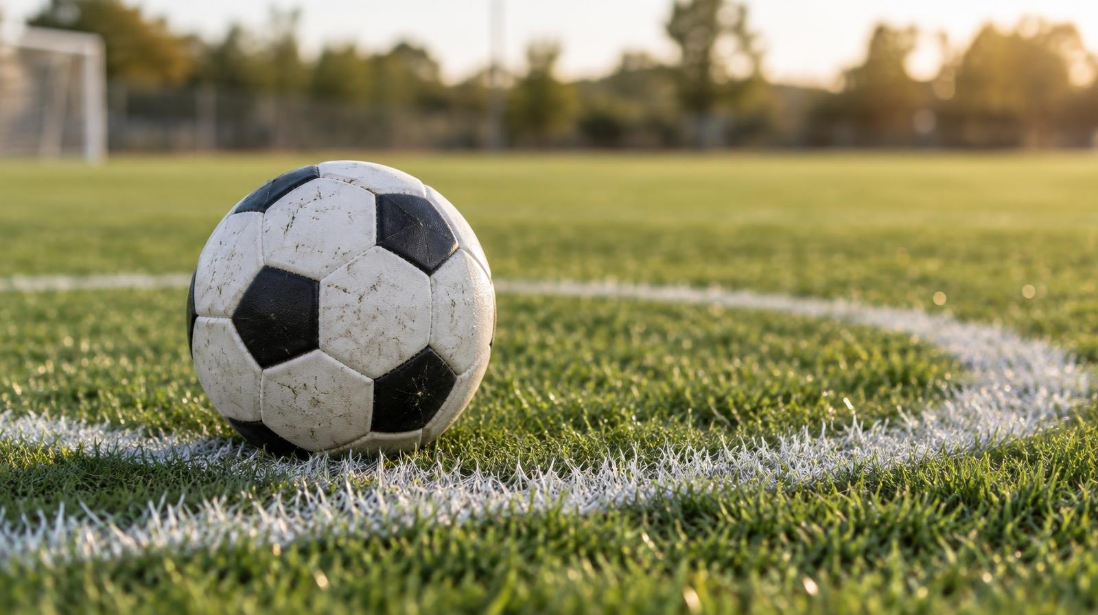 A black-and-white soccer ball resting on the center circle of a grass field.