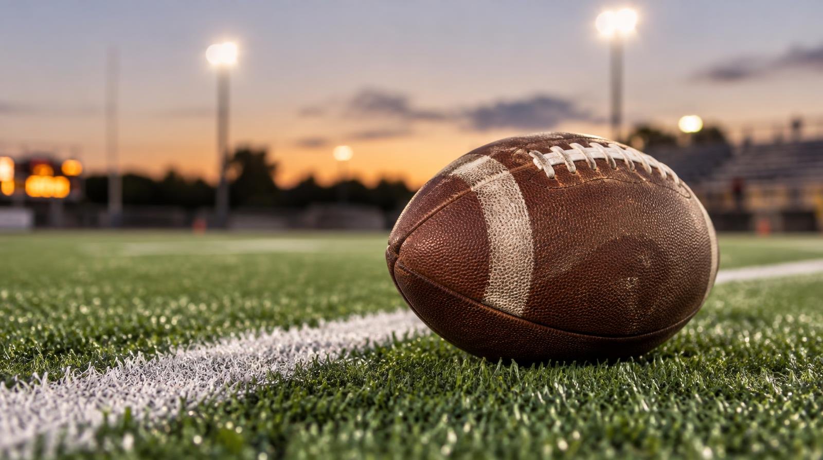 An American football resting on green artificial turf beside a white yard line under stadium lights.