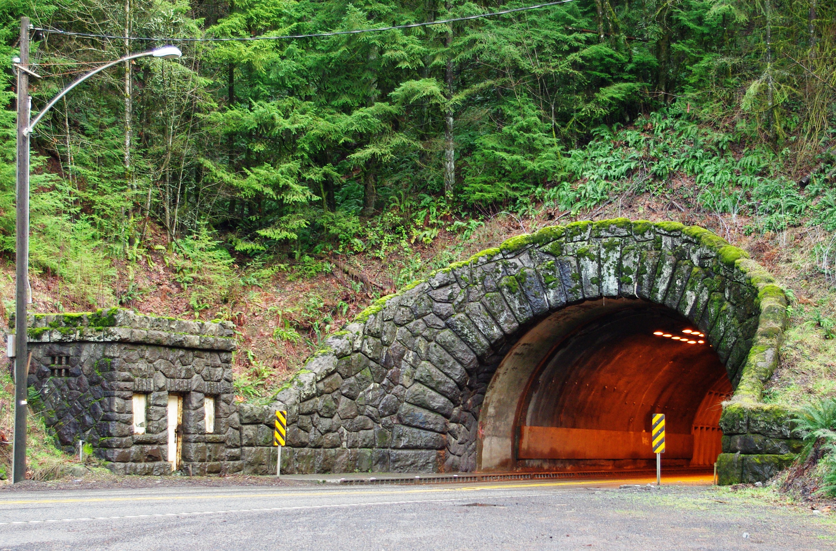 Stone arch tunnel entrance with orange interior lighting, flanked by dense forest.