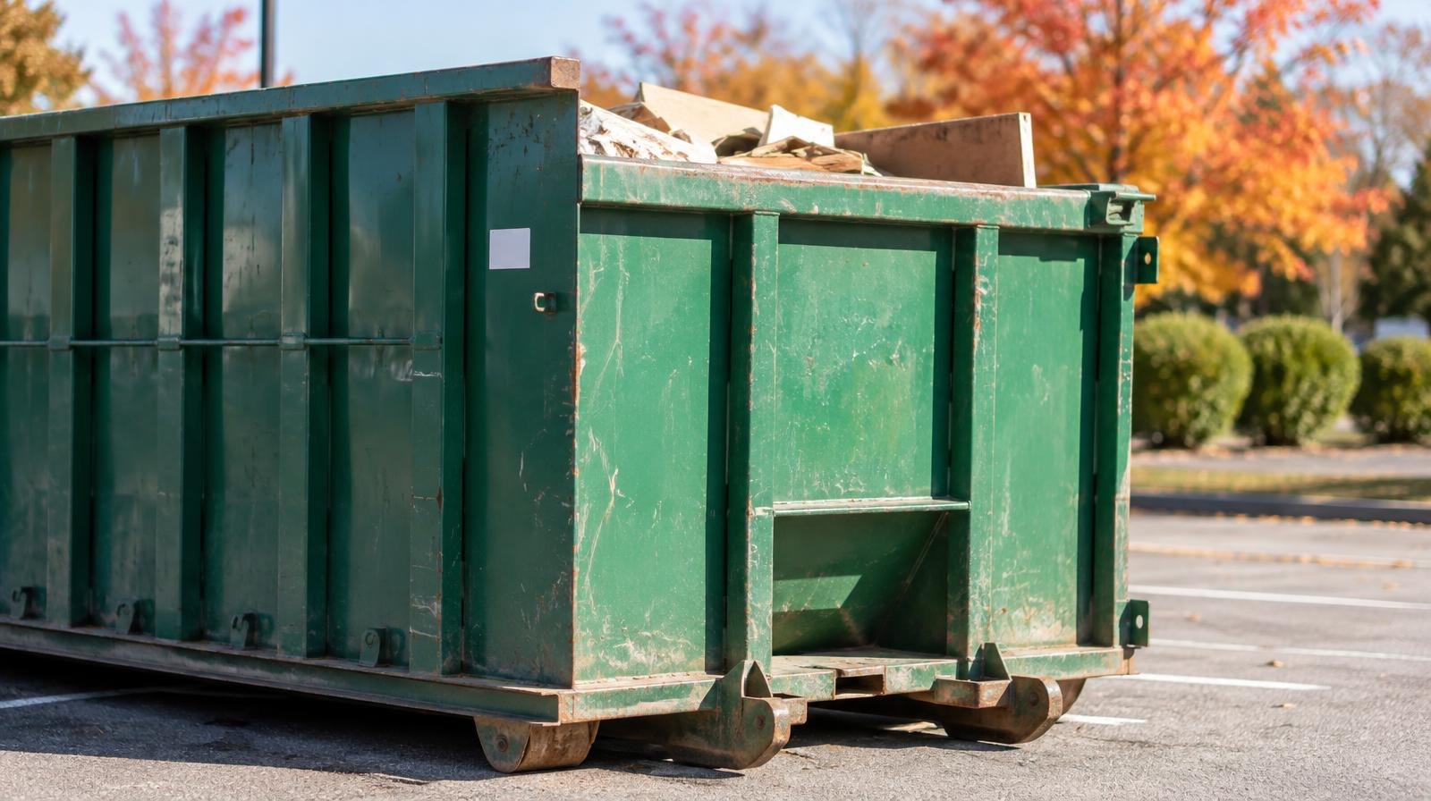 A large green roll-off dumpster container in an open parking lot on a sunny day.