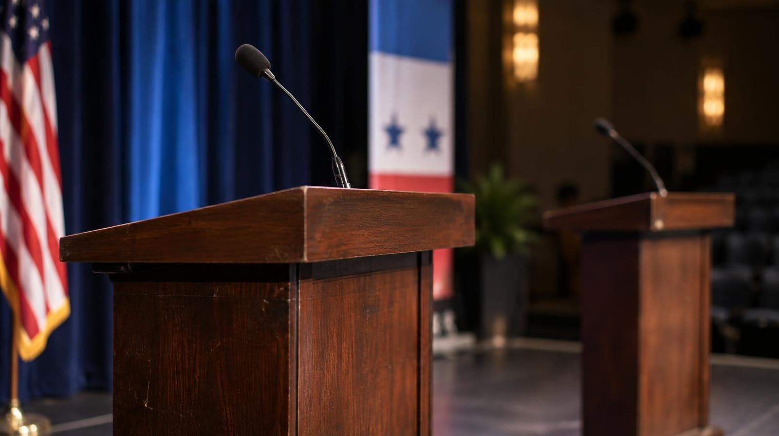 Two empty wooden lecterns with microphones on a lit stage facing an audience area.