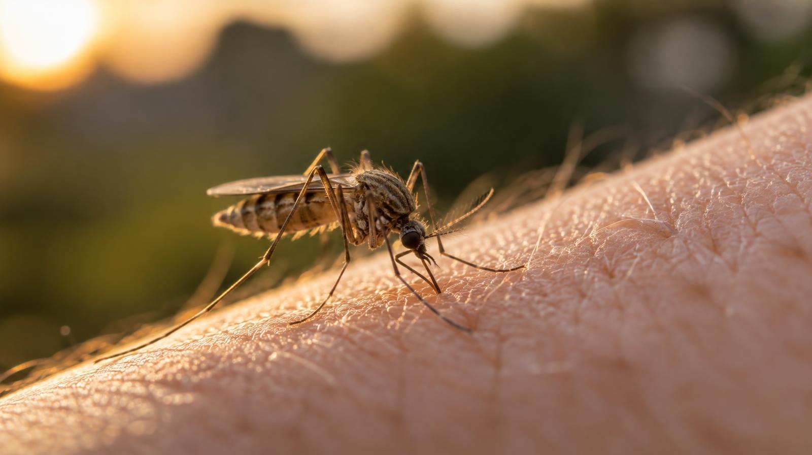 Close-up macro illustration of a mosquito resting on human skin.