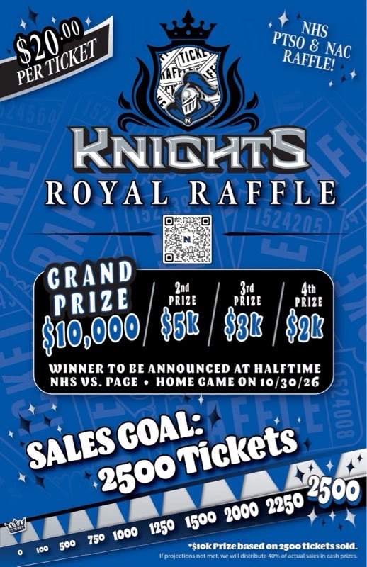 Blue promotional flyer listing raffle prize amounts, ticket price, and a QR code.