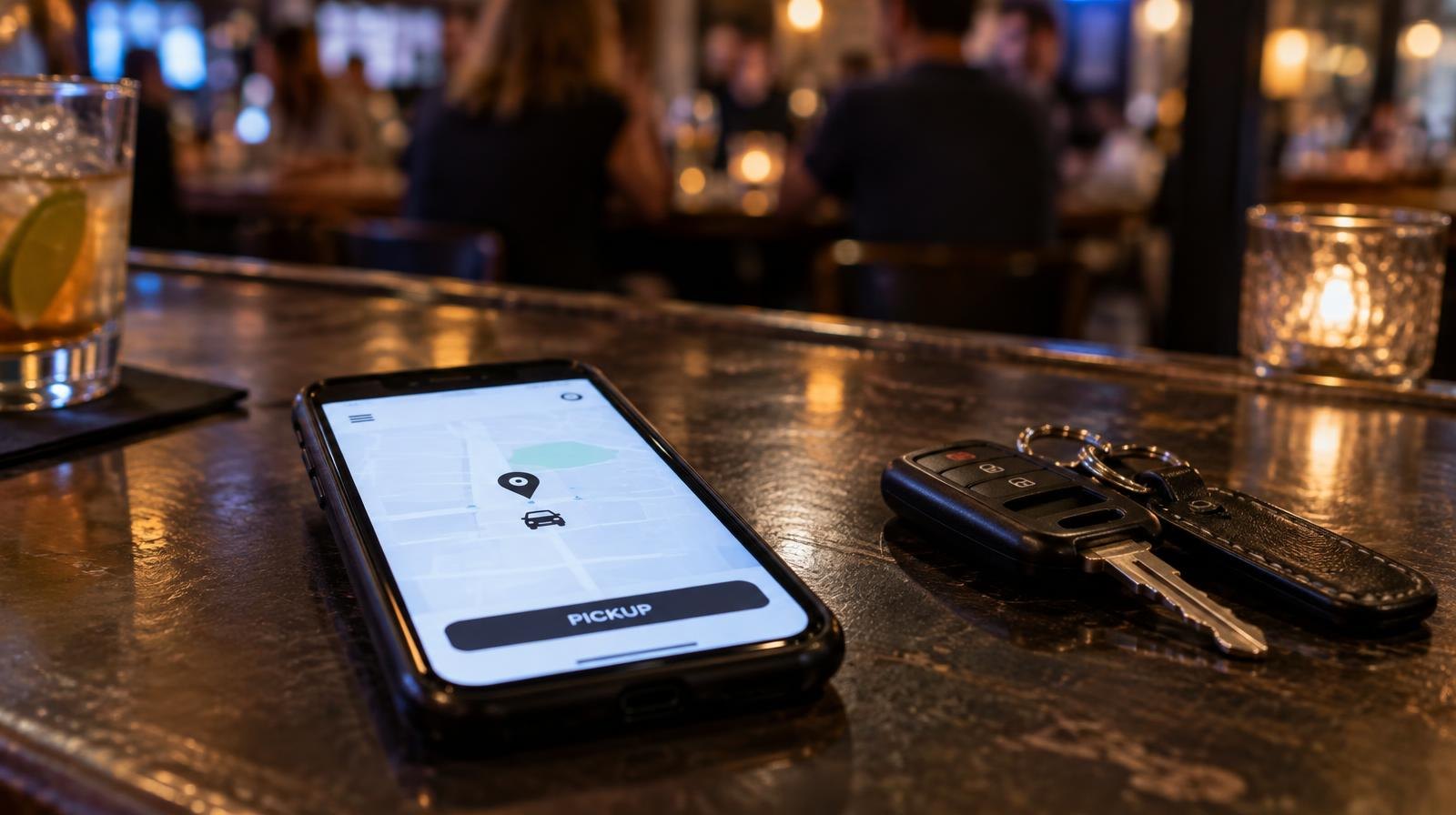 Smartphone with rideshare app screen next to car keys on a bar counter.