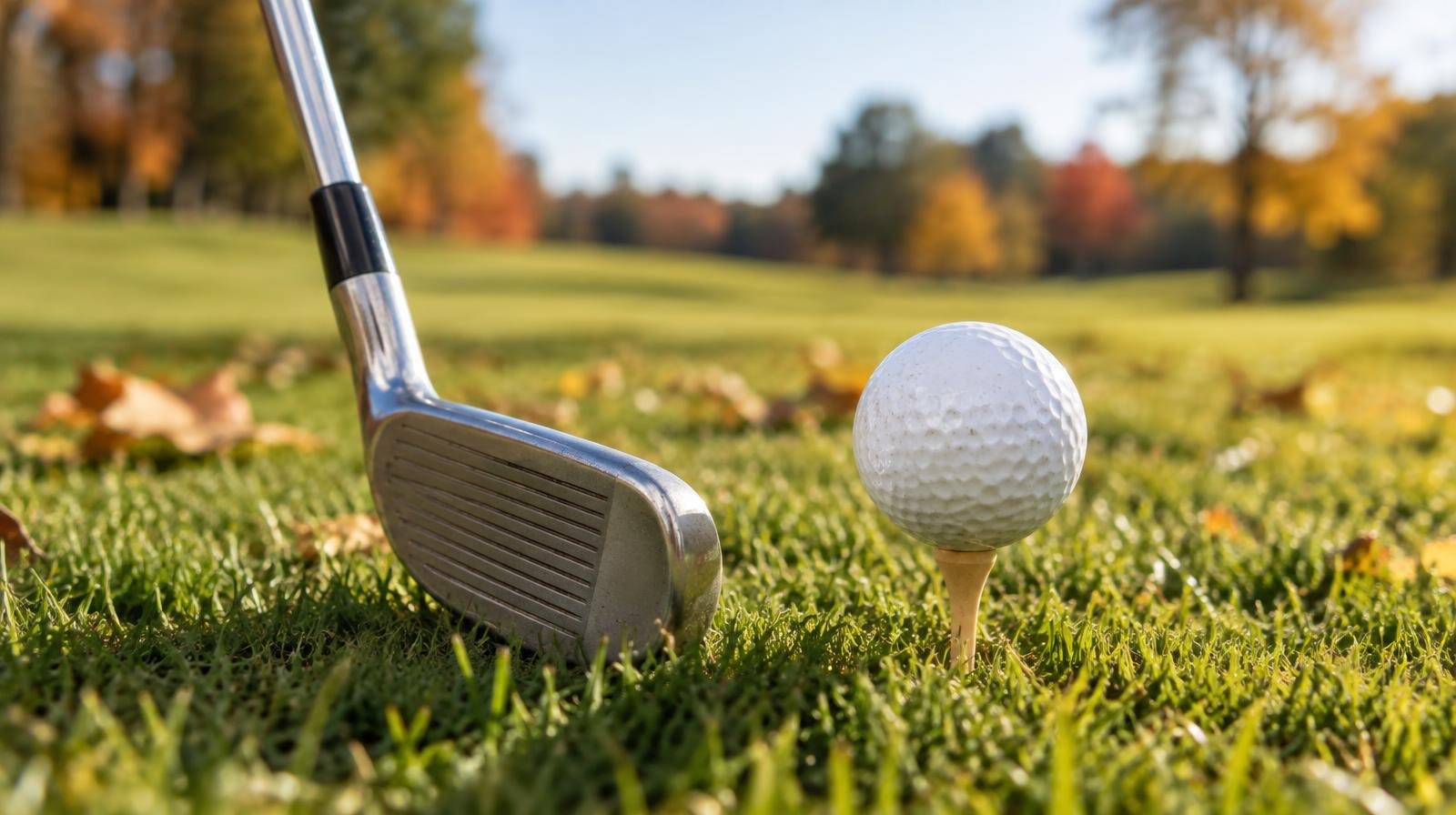 A golf ball on a tee next to an iron club on a green fairway.