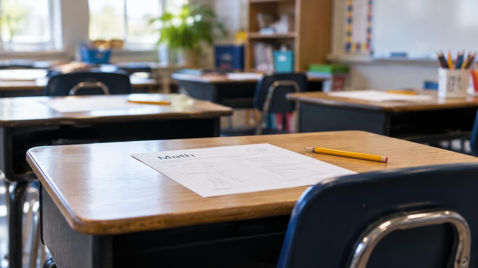 A row of student desks with pencils and worksheets in a sunlit classroom.