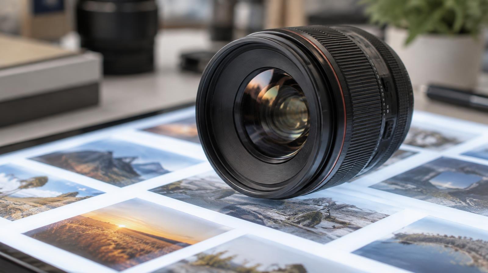 A camera lens resting on a lightbox showing a grid of stock photos.