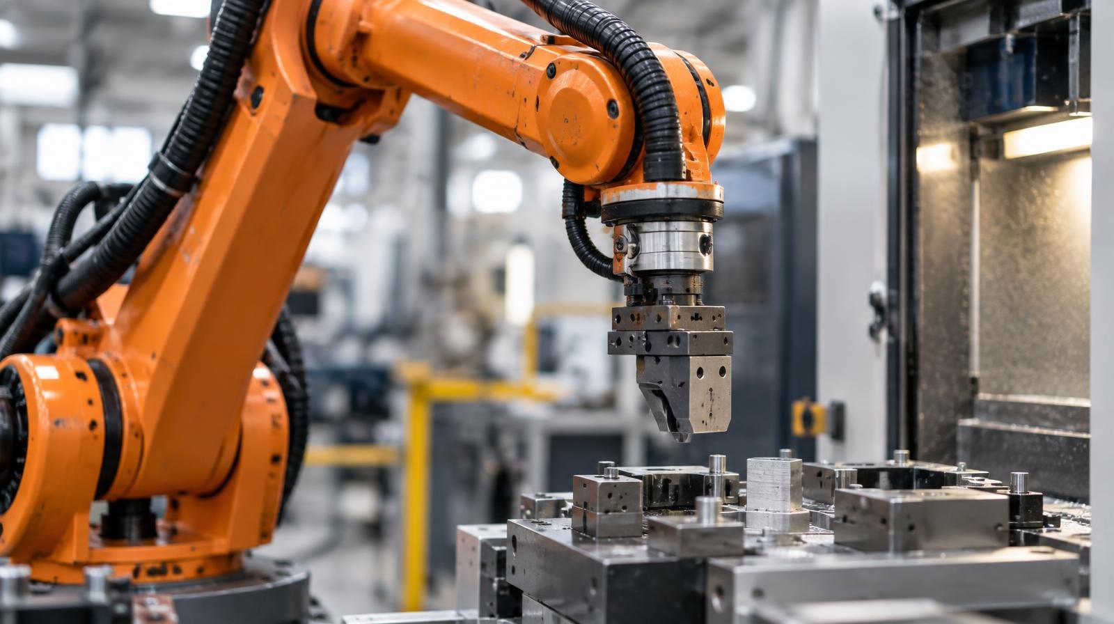 Orange industrial robotic arm positioned over a precision CNC machining center.