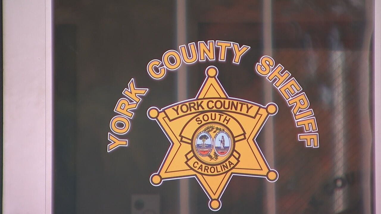 Gold star badge seal reading York County Sheriff on a glass door.
