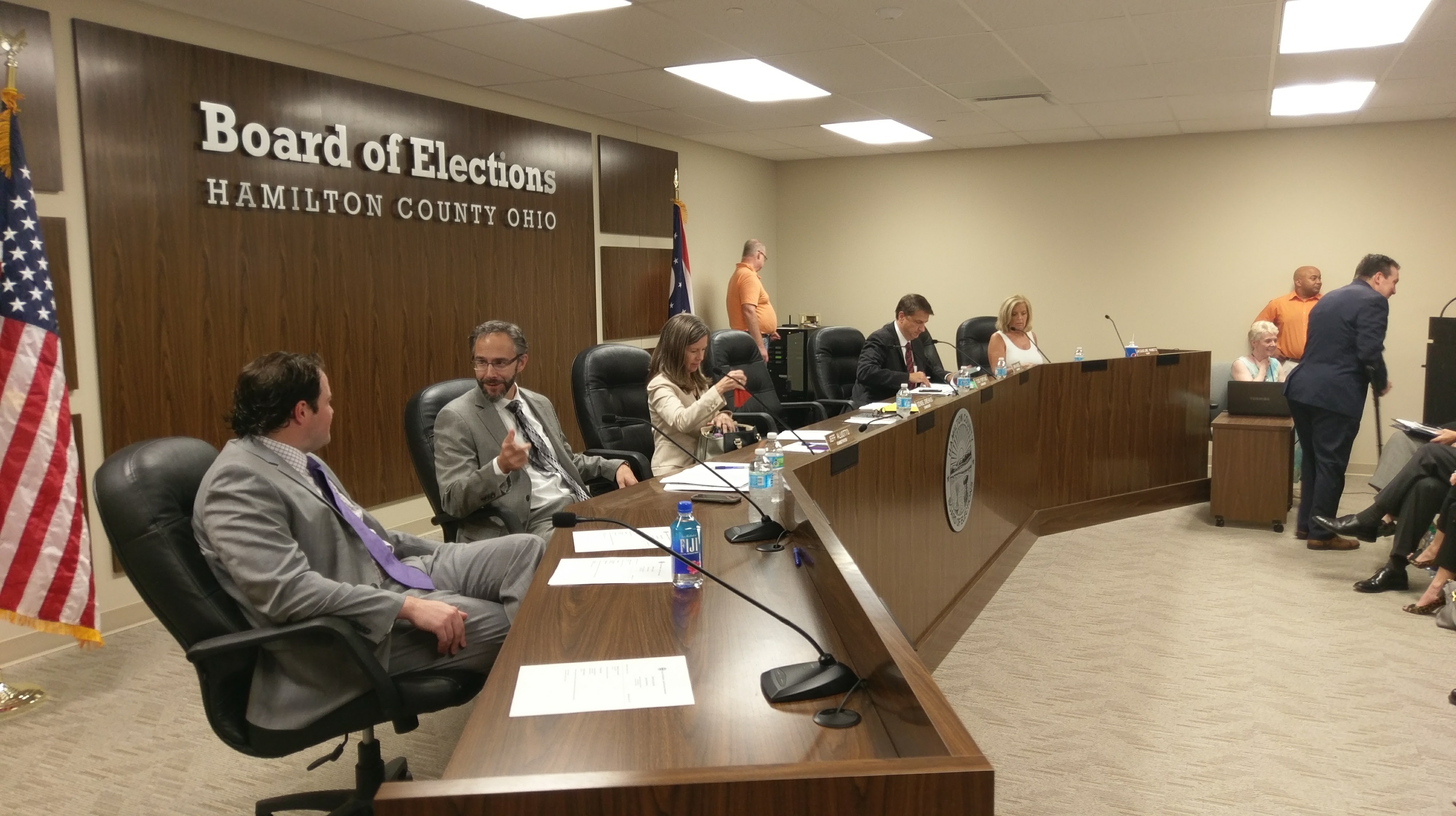 Conference table inside a room with a Hamilton County Board of Elections sign on the wall.