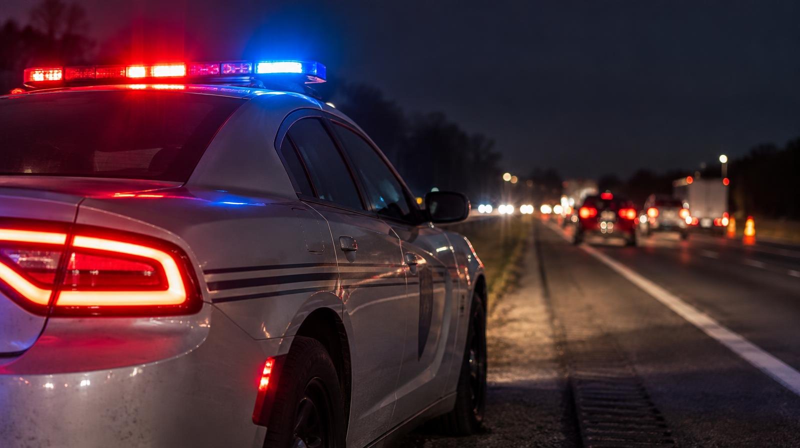 Police cruiser on dark highway shoulder with red and blue lights glowing.