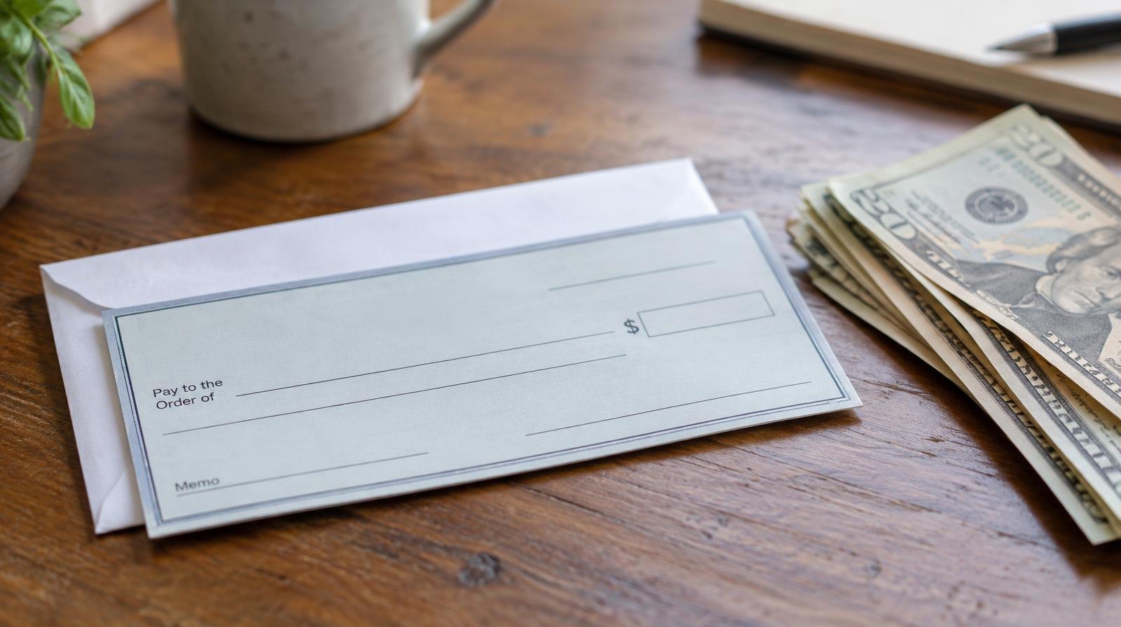 A personal check resting on a white envelope beside stacked currency bills.
