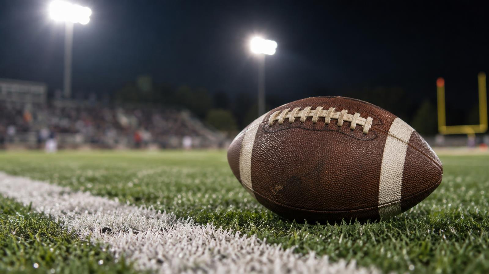 An American football on green turf beside a white yard line under bright lights.