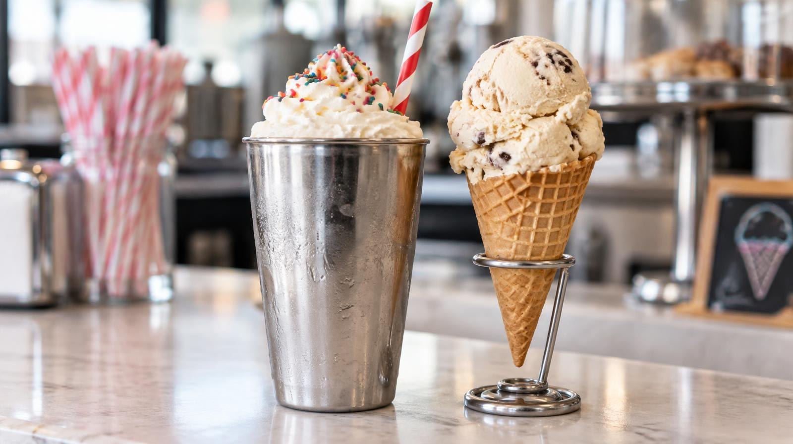 A tall milkshake in a metal cup with whipped cream and a striped straw next to a waffle cone.