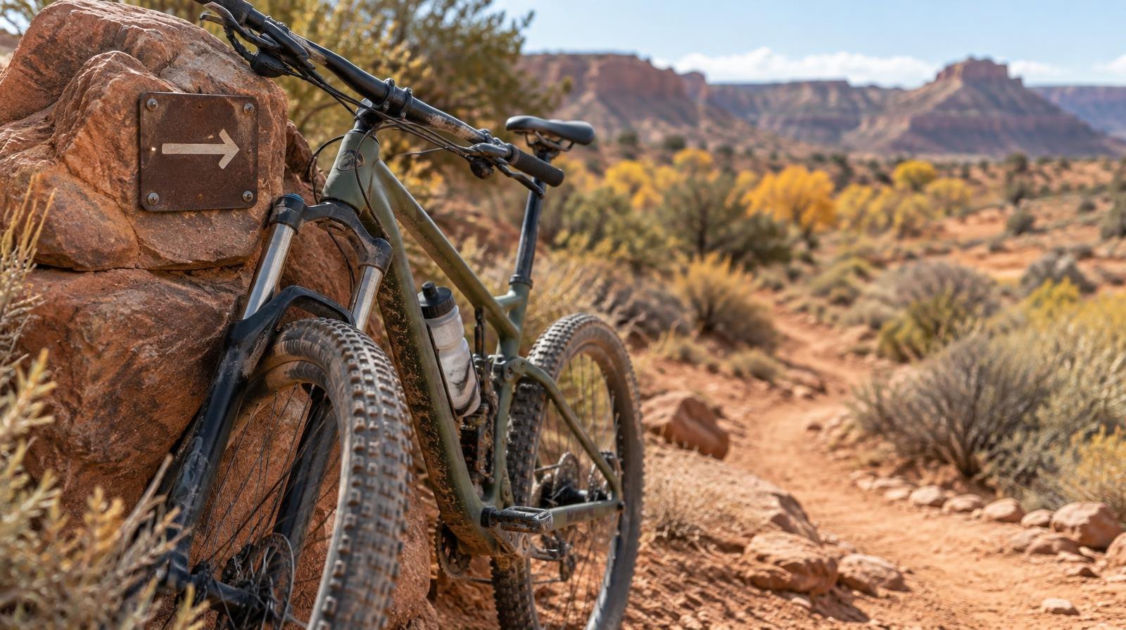 A mountain bike leaning against a rocky trail marker on a desert dirt path.
