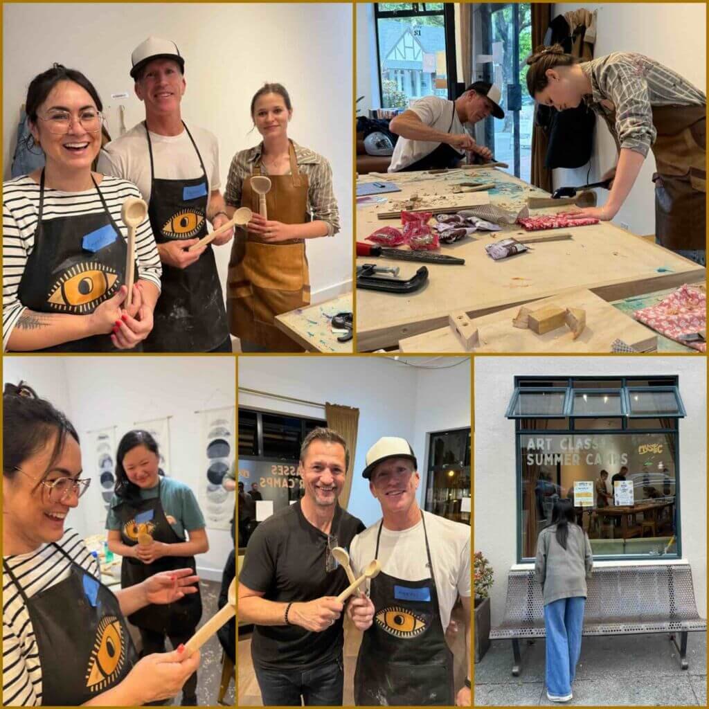 Collage of four photos showing people in aprons holding hand-carved wooden spoons at a workbench.