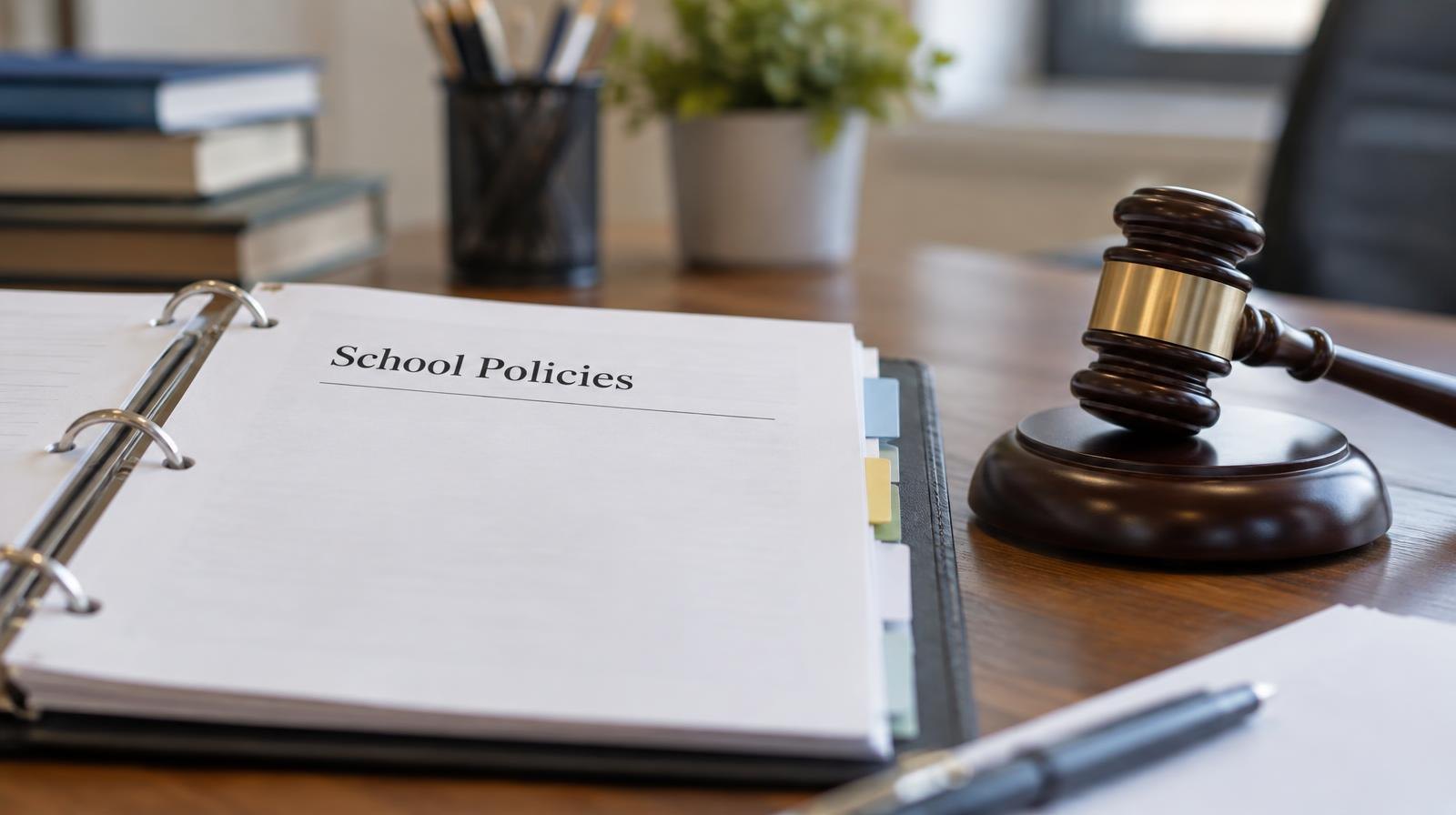 Open binder and wooden gavel resting on a desk.