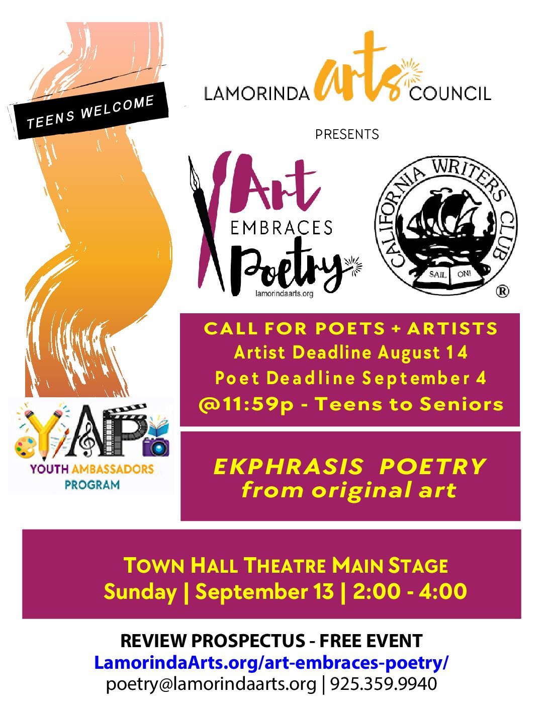 Event flyer for Art Embraces Poetry at Town Hall Theatre, September 13.