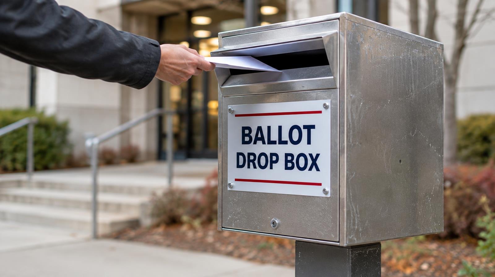 A secure metal ballot drop box on a post outside a building entrance.