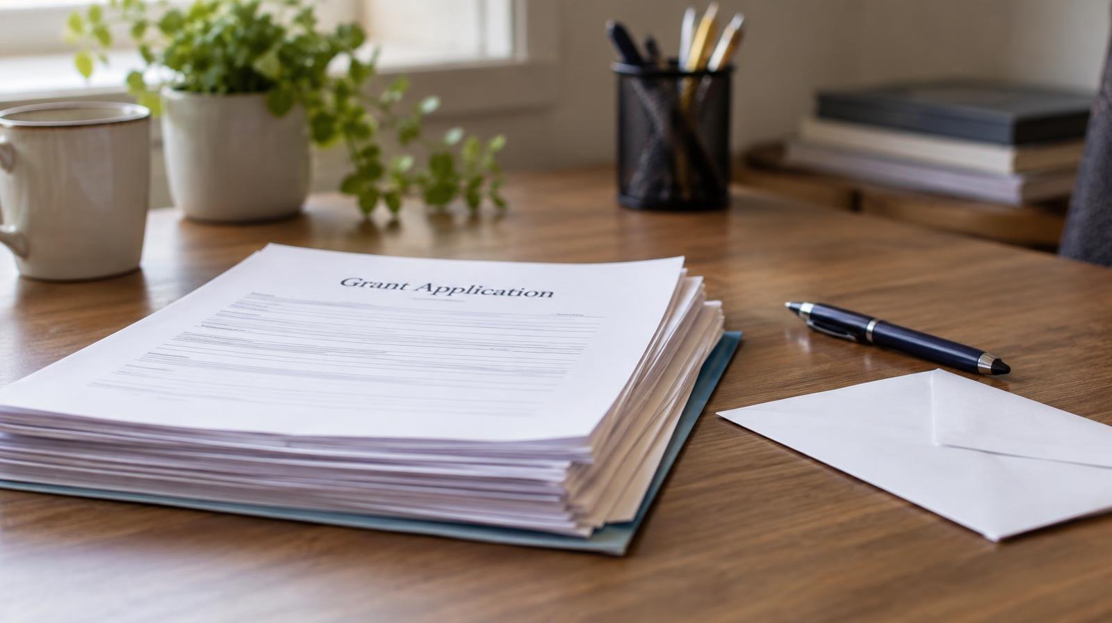 Stack of papers, a pen, and an envelope resting on a clean desk.