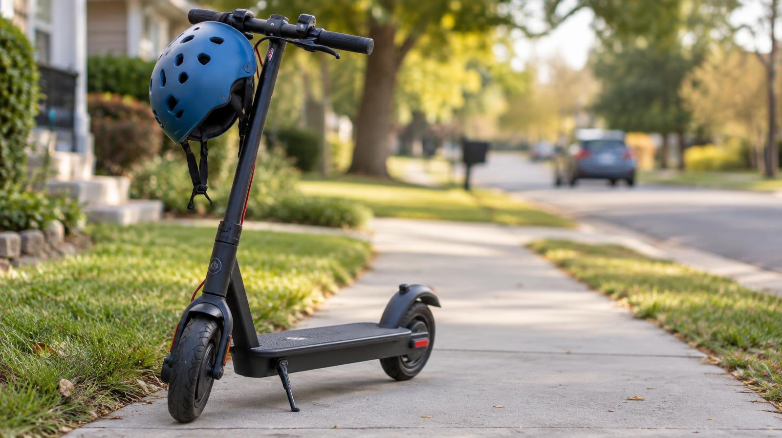 A small electric scooter with a helmet on the handlebars on a sidewalk.