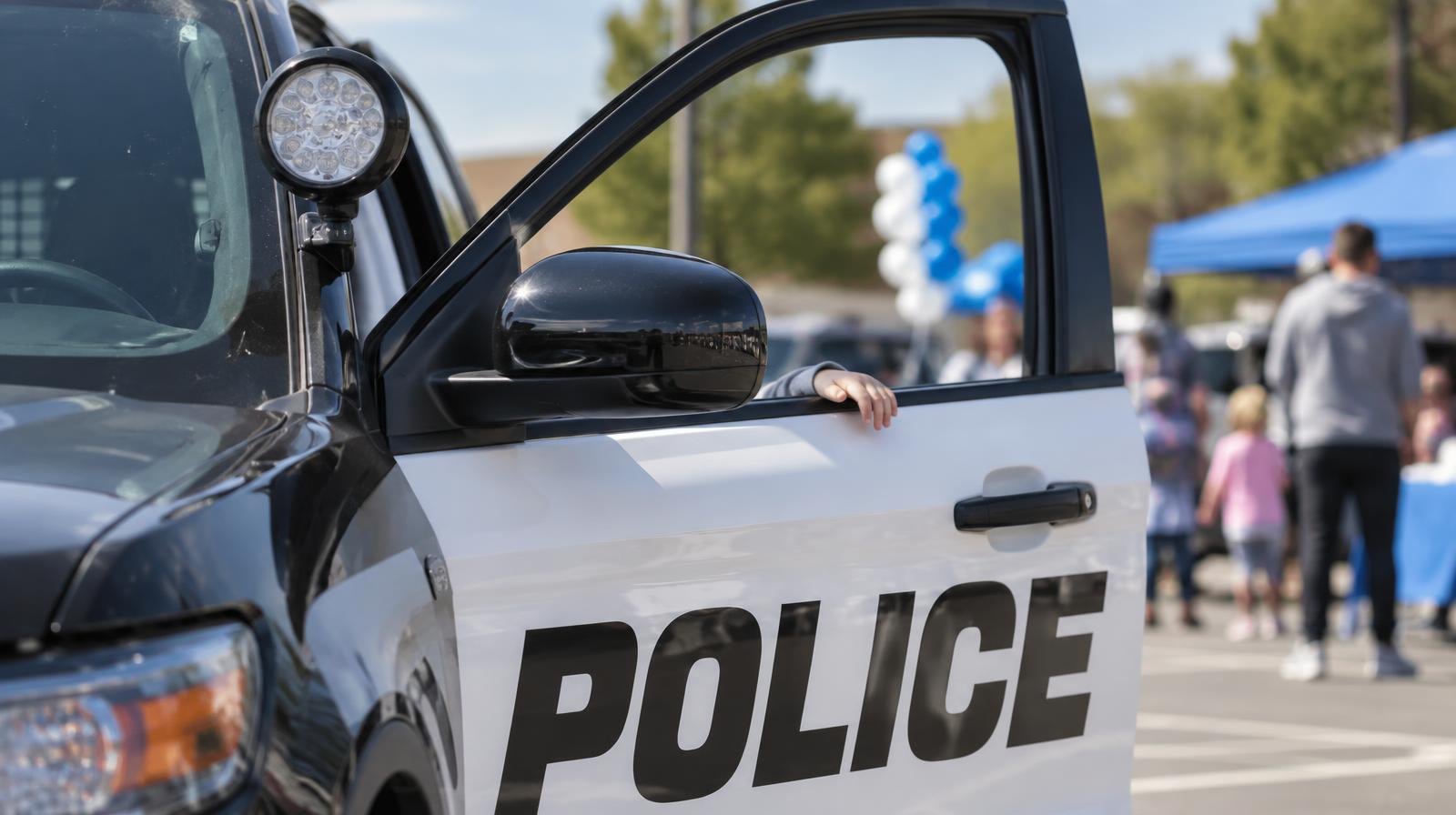 A police patrol car with its door open, parked outdoors on a sunny day.