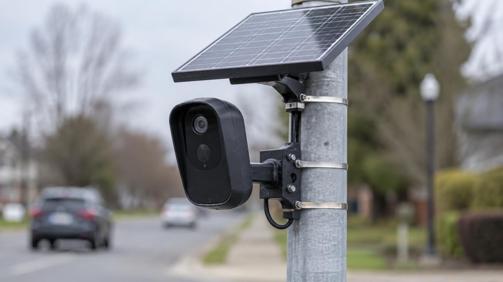 A solar-powered automated license plate reader camera mounted on a metal pole at the roadside.