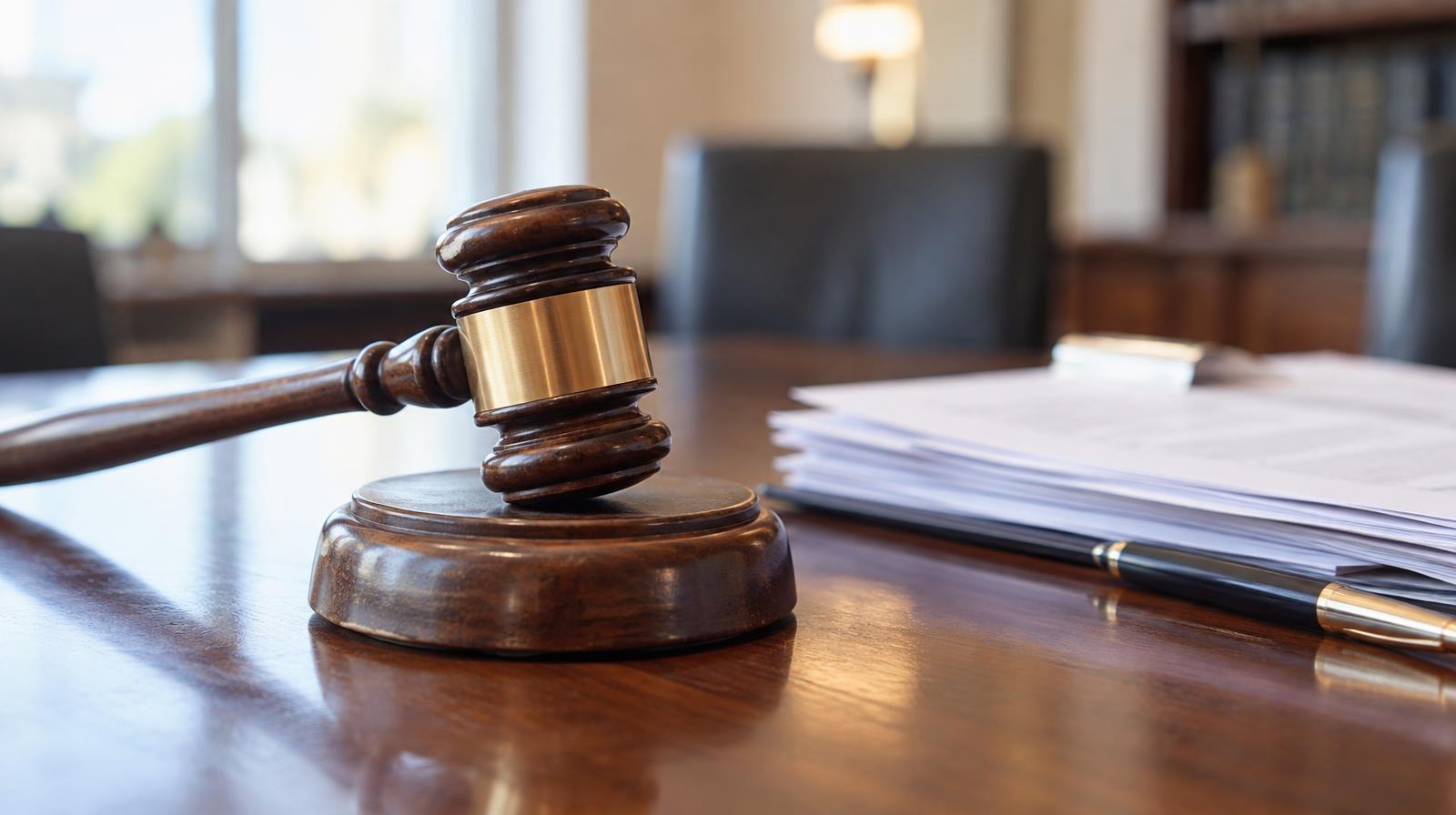 Wooden gavel resting on its sound block on a polished conference table.