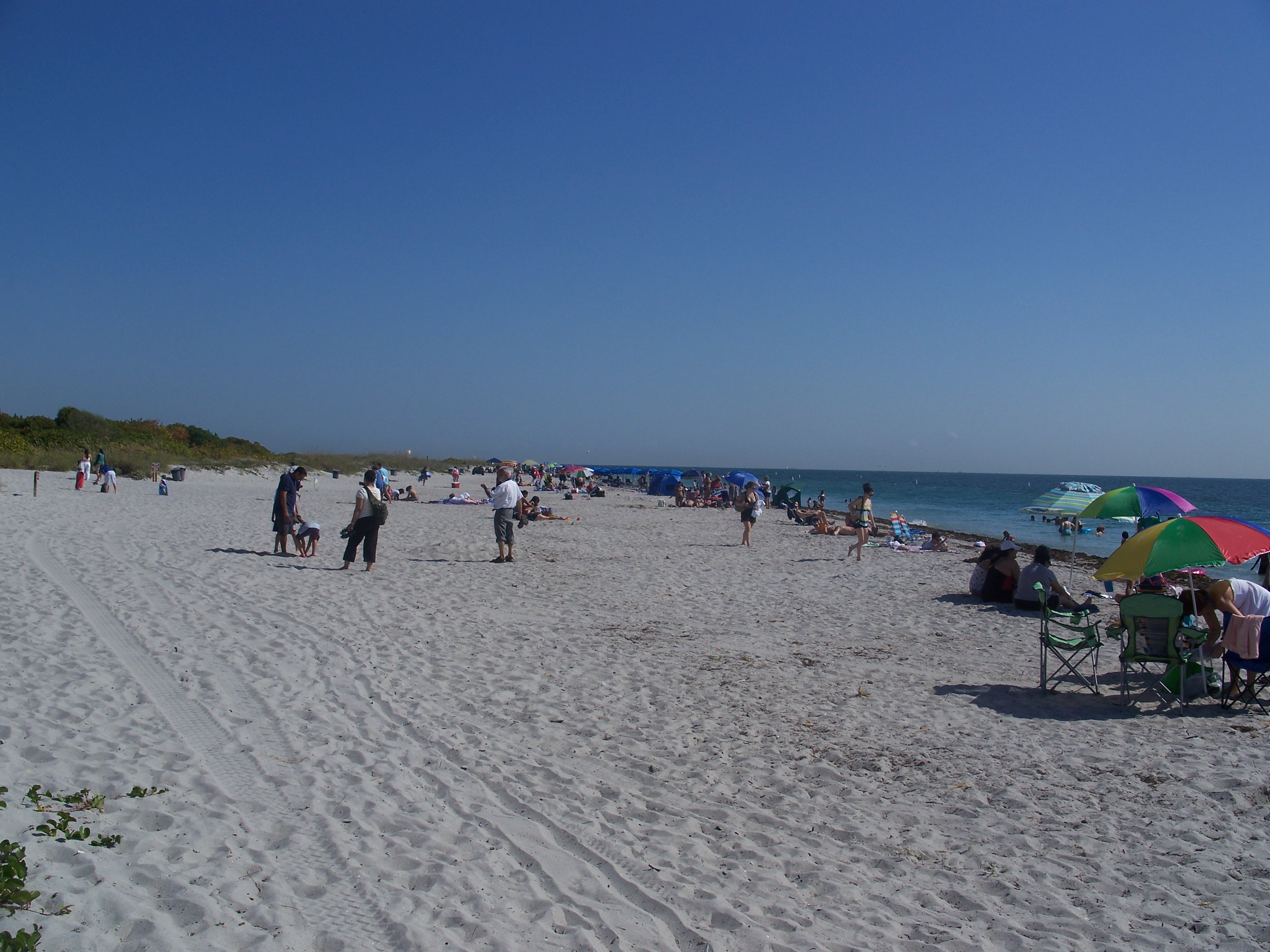 Wide sandy beach with beachgoers and colorful umbrellas at a Florida state park.