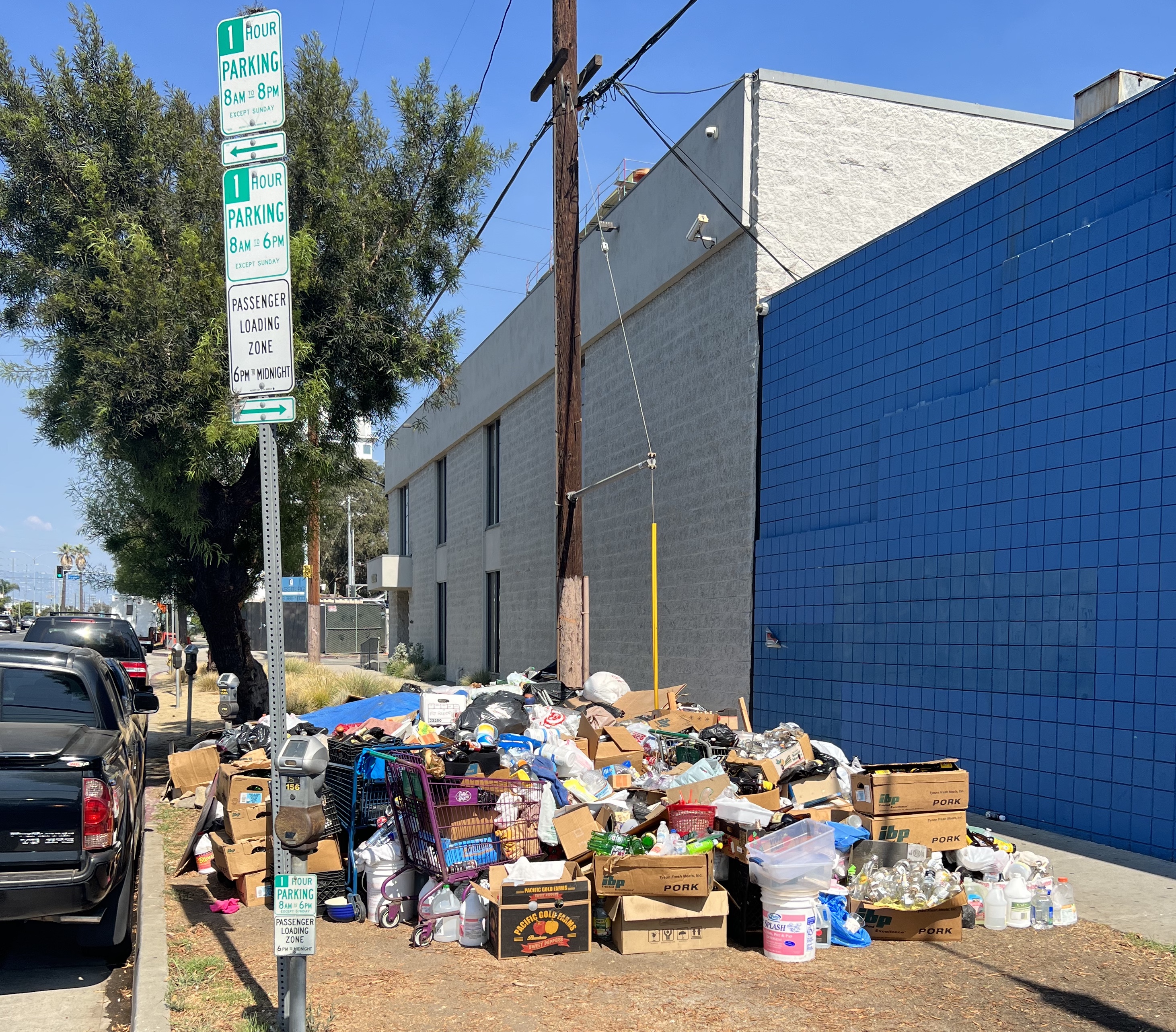 Piles of debris, cardboard boxes, and shopping carts accumulated on a city sidewalk.