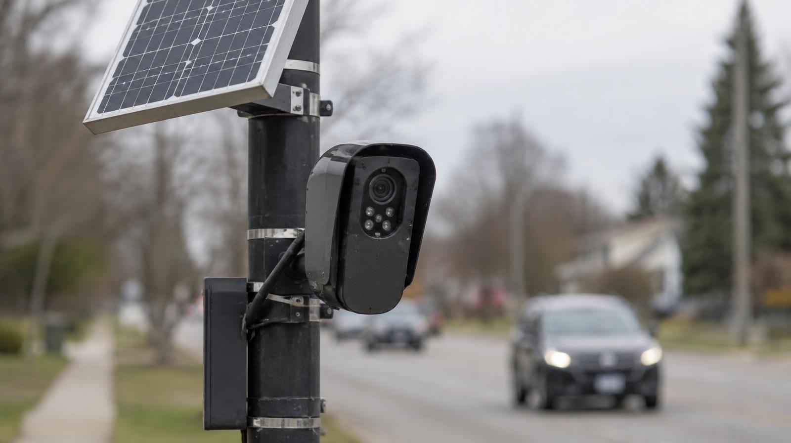 A pole-mounted license plate reader camera with a solar panel on a suburban street.