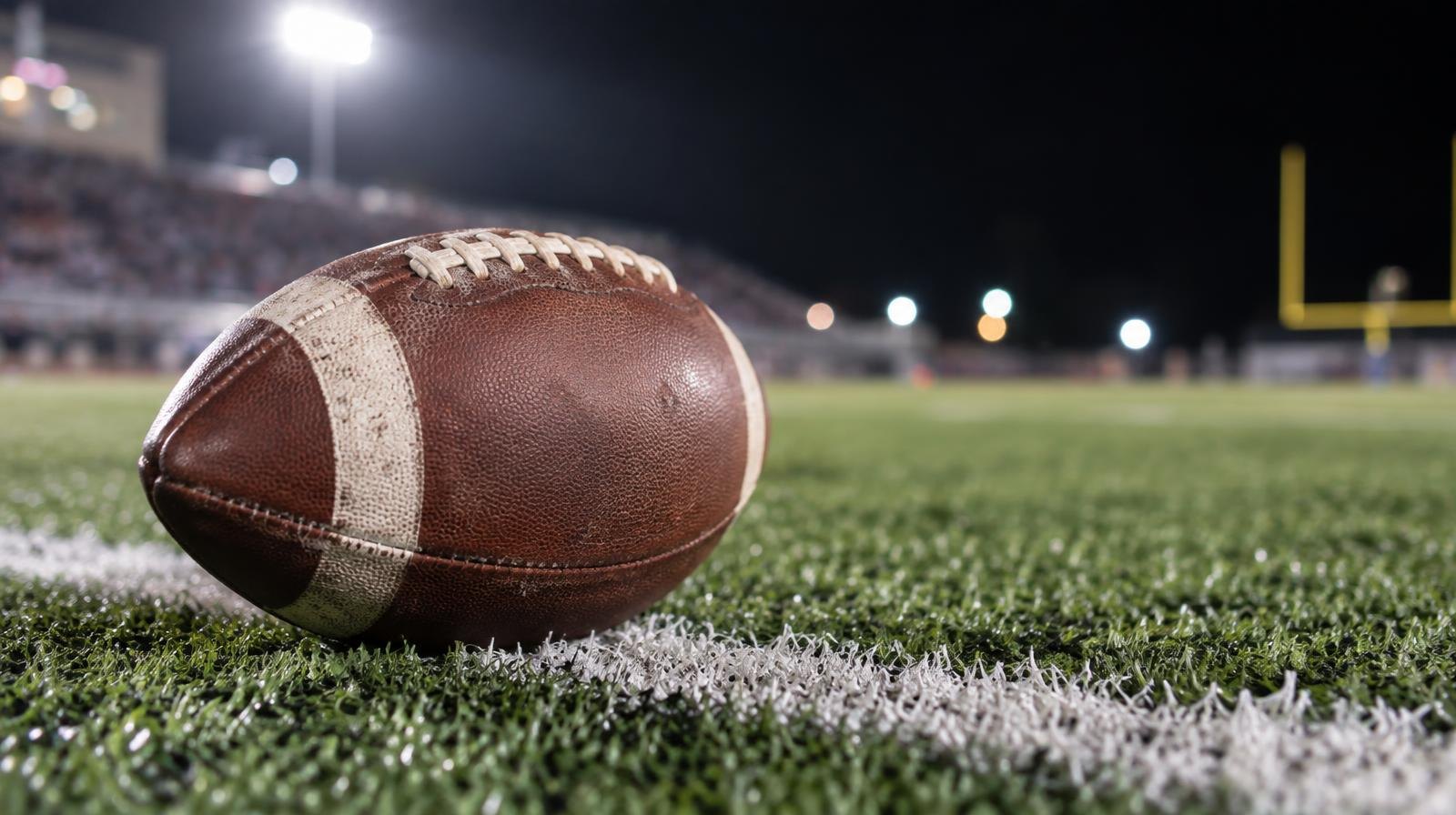 An American football resting on green turf beside a white yard line.