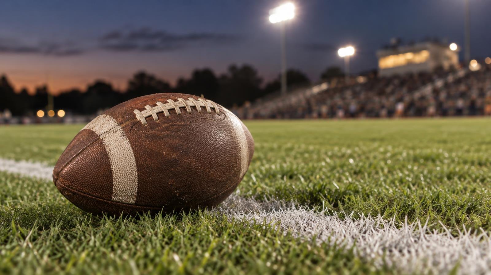An American football resting on green grass near a white yard line under stadium lights.