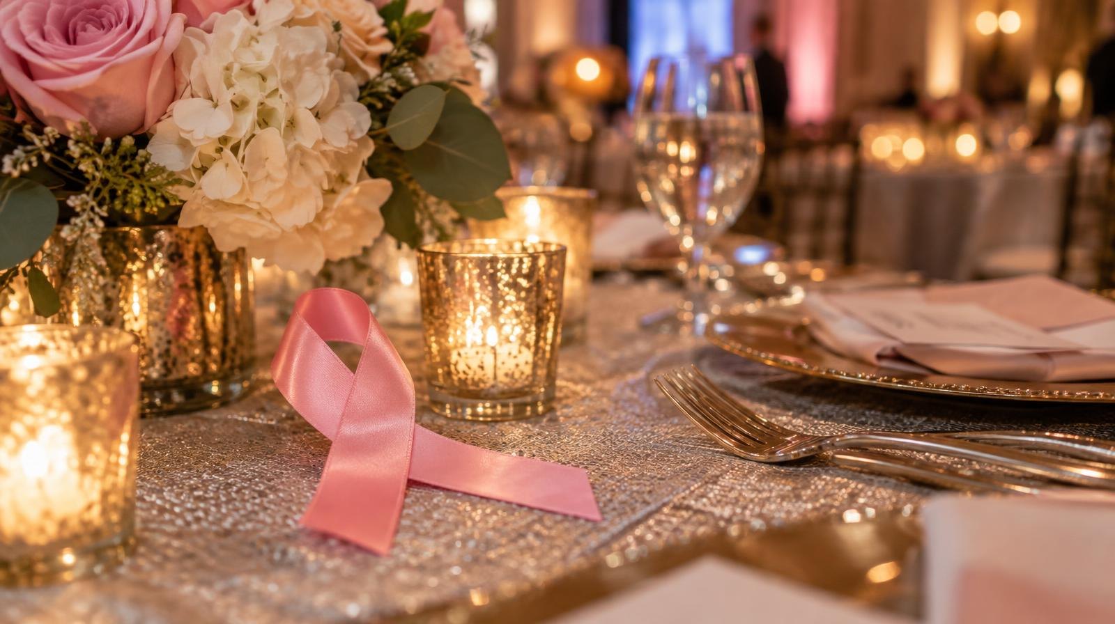 A pink ribbon on a glittering table with candles and flowers.