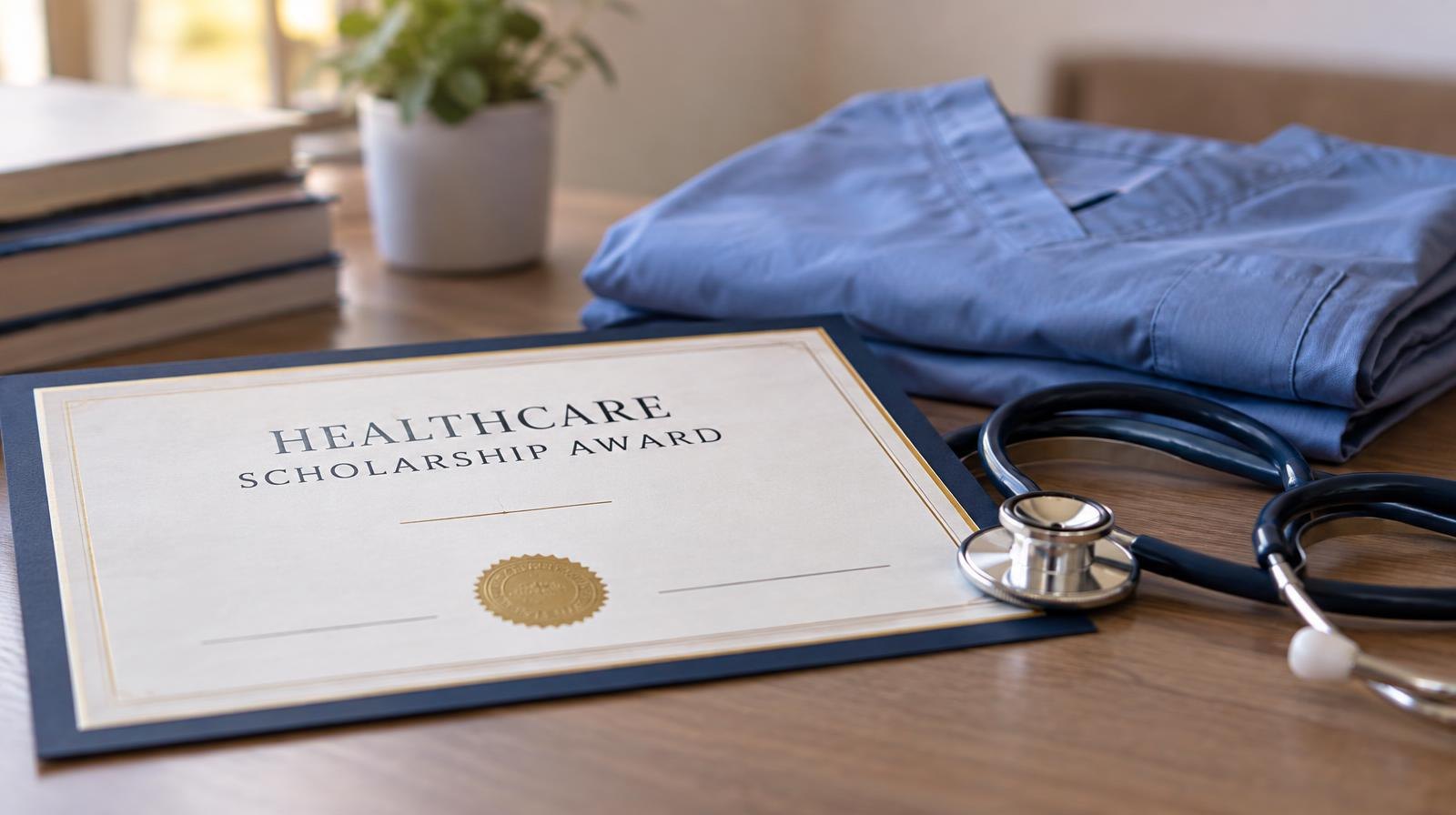 A stethoscope and folded scrubs beside a certificate on a table.