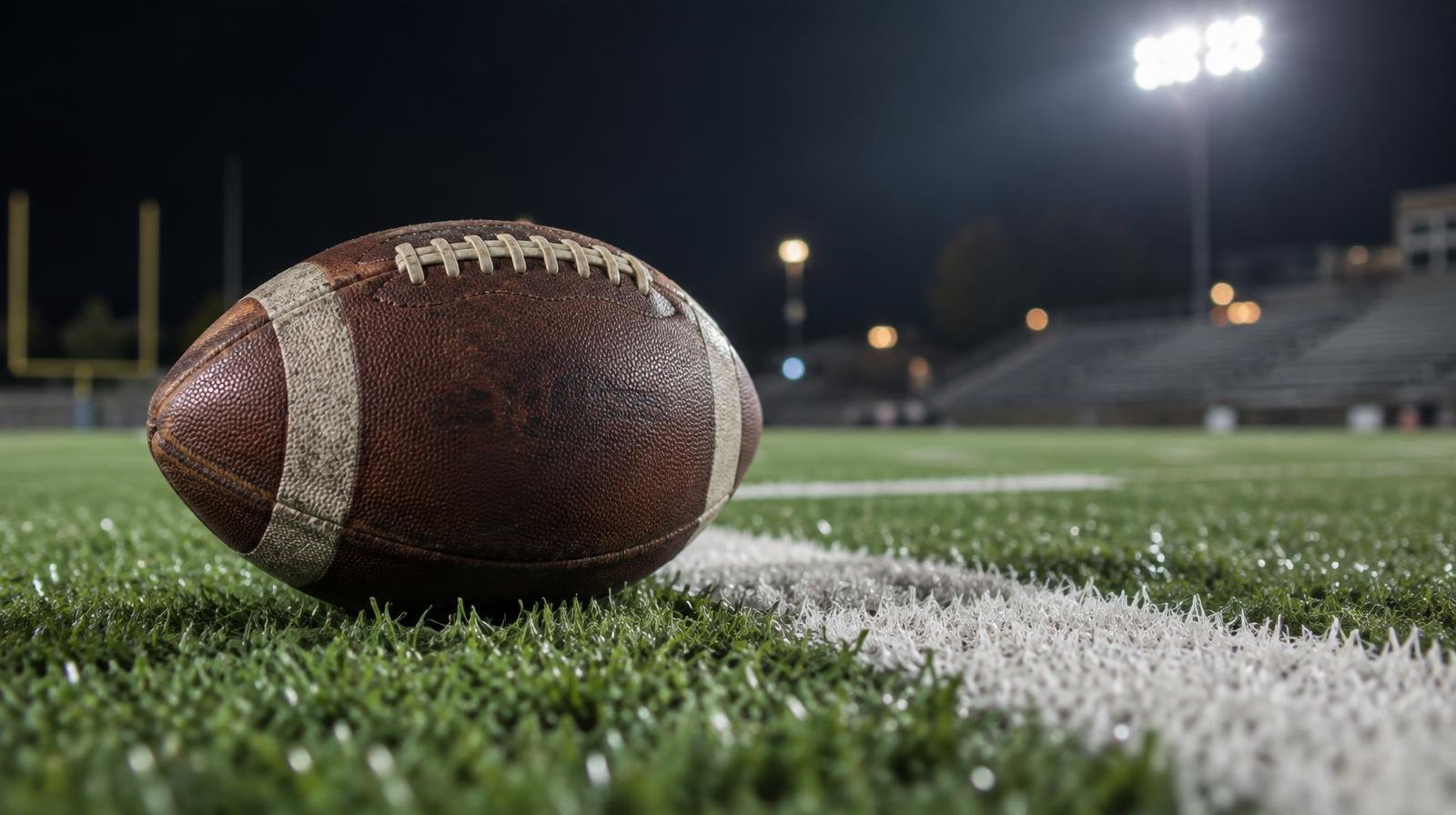 An American football on green artificial turf beside a white yard line under bright lights.