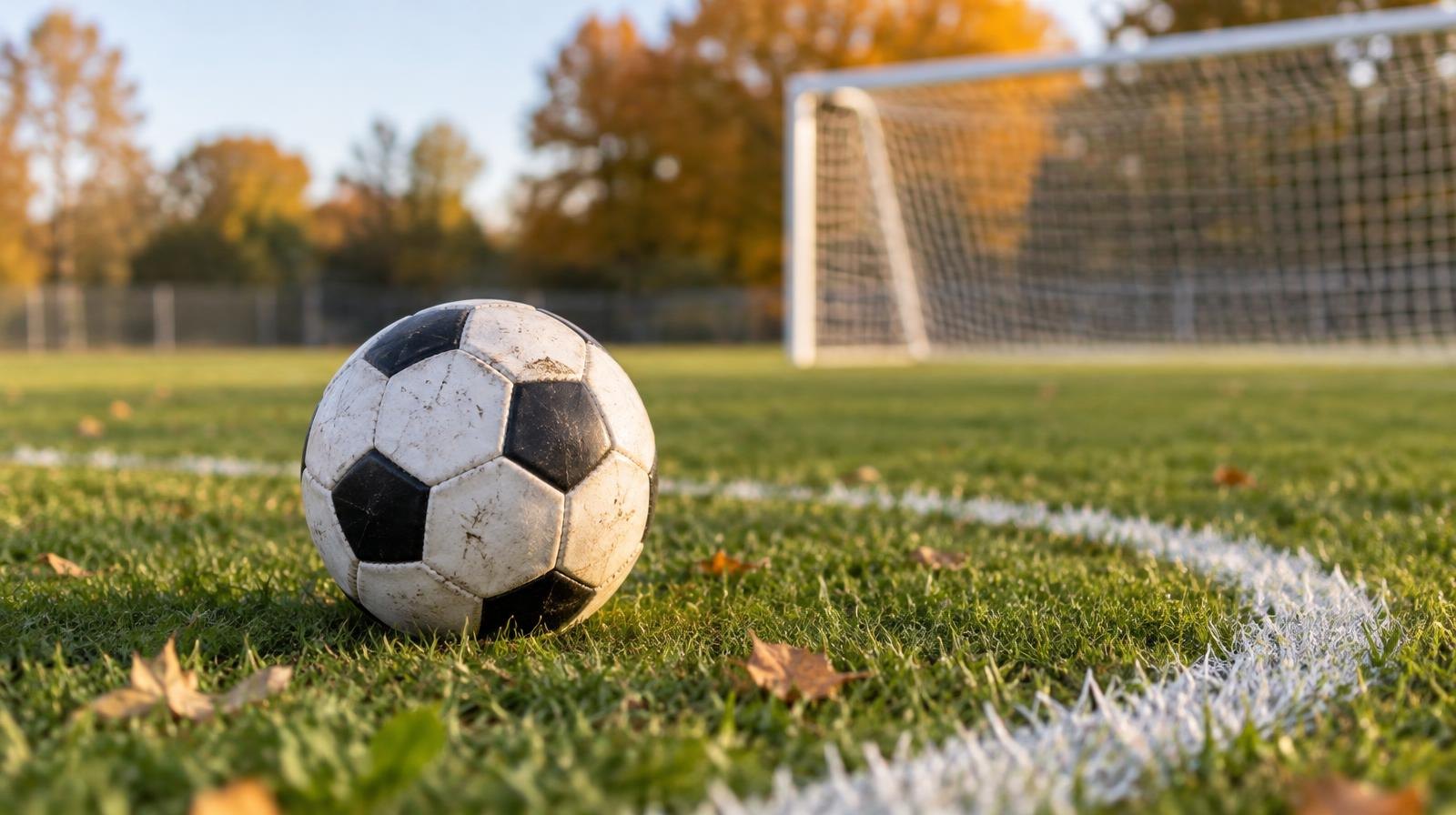 A soccer ball on a grass field near a painted penalty arc with a goal net behind it.