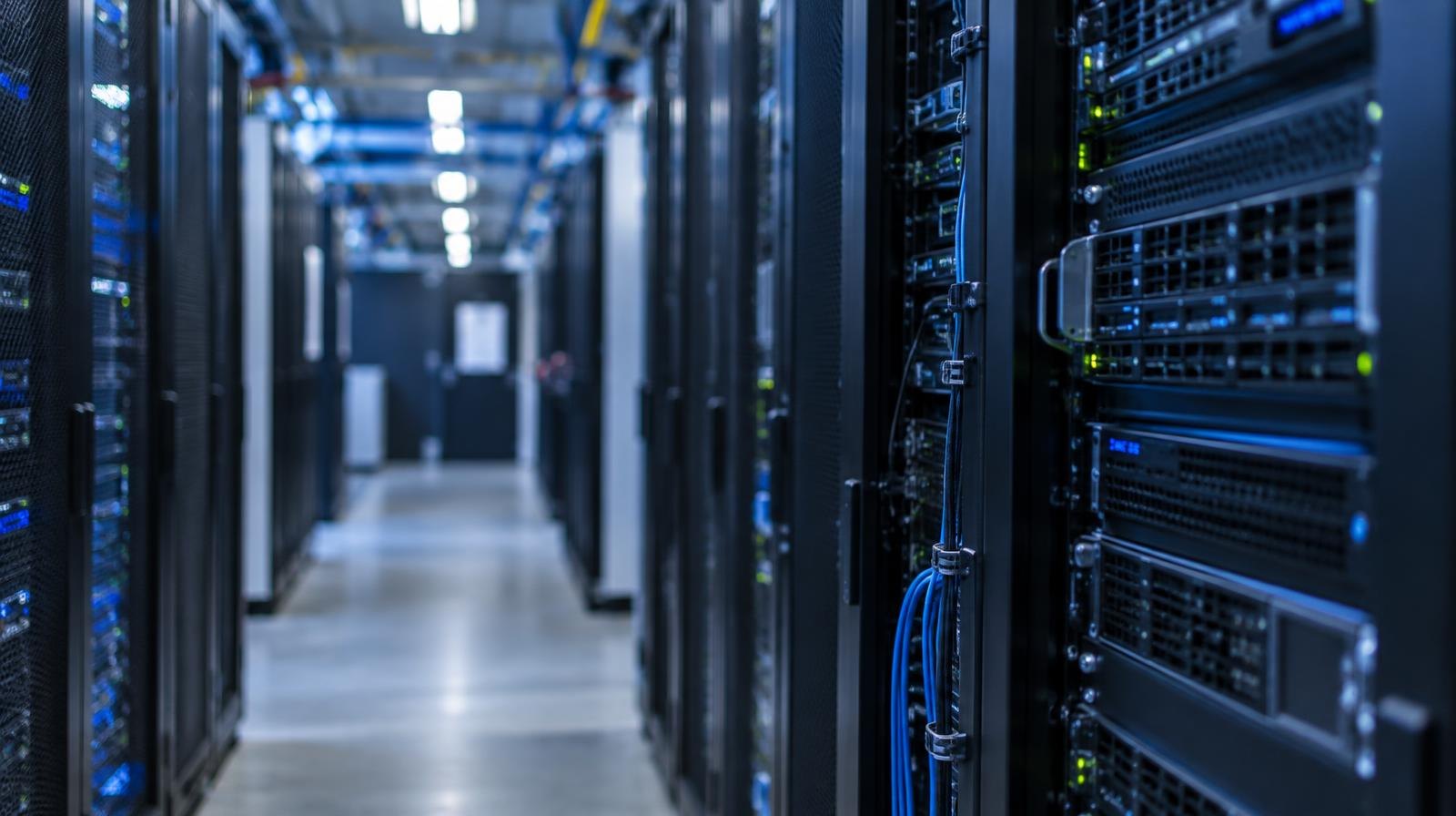 Rows of glowing blue server racks inside a data center.
