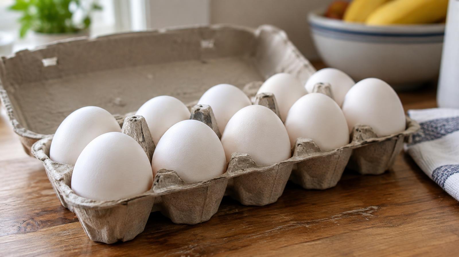 An open cardboard egg carton holding a dozen white eggs on a wooden surface.