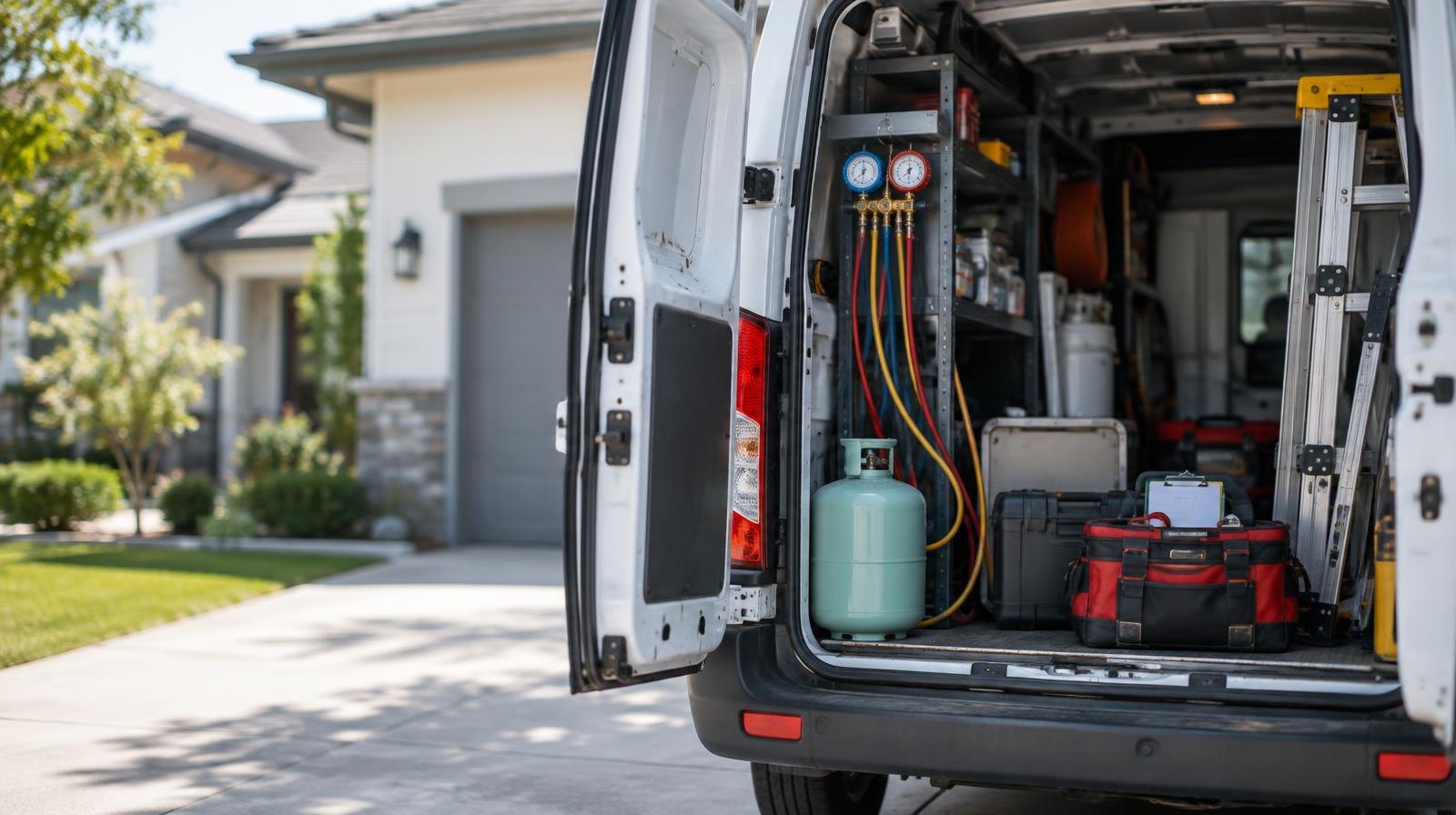 White HVAC service van parked in a driveway with rear doors open.