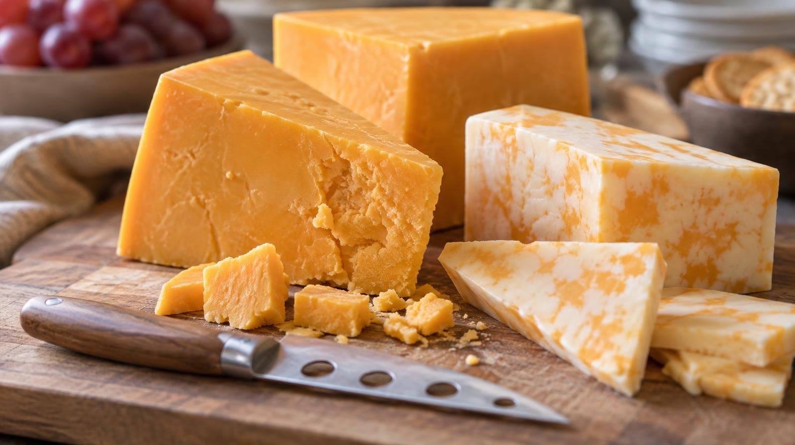 Wedges and blocks of cheddar and jack cheese on a wooden cutting board.