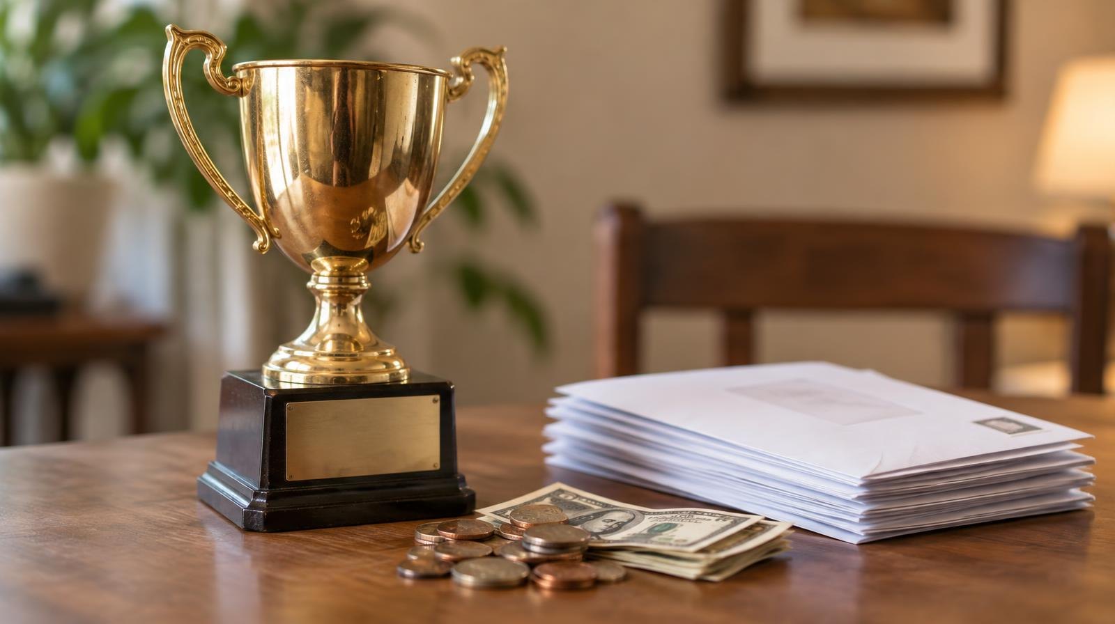 A gold trophy award on a table beside folded envelopes and coins.