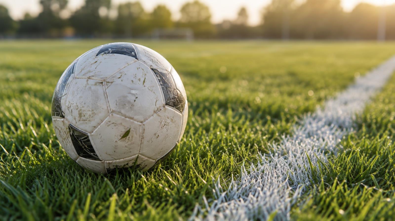 A white soccer ball resting on a green grass field beside a white sideline.